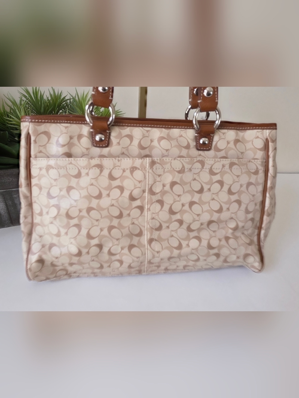 Coach Chelsea Bias Tote Signature C Khaki Tan Coated Canvas Leather Trim-NWT - Picture 6 of 12